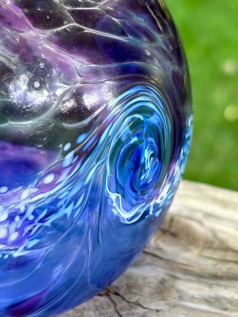 Hand Blown Canadian Glass Oil Lamp Purple/Blue Swirl Crackle Finish Vtg